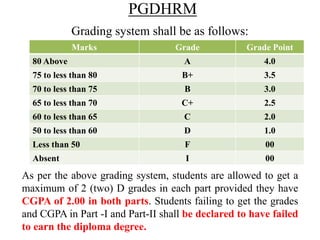 PGDHRM
Grading system shall be as follows:
As per the above grading system, students are allowed to get a
maximum of 2 (two) D grades in each part provided they have
CGPA of 2.00 in both parts. Students failing to get the grades
and CGPA in Part -I and Part-II shall be declared to have failed
to earn the diploma degree.
Marks Grade Grade Point
80 Above A 4.0
75 to less than 80 B+ 3.5
70 to less than 75 B 3.0
65 to less than 70 C+ 2.5
60 to less than 65 C 2.0
50 to less than 60 D 1.0
Less than 50 F 00
Absent I 00
 