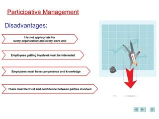 Participative Management Disadvantages: It is not appropriate for  every organization and every work unit Employees getting involved must be interested Employees must have competence and knowledge There must be trust and confidence between parties involved 