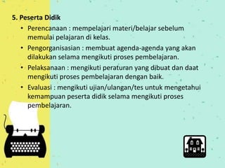 5. Peserta Didik 
• Perencanaan : mempelajari materi/belajar sebelum 
memulai pelajaran di kelas. 
• Pengorganisasian : membuat agenda-agenda yang akan 
dilakukan selama mengikuti proses pembelajaran. 
• Pelaksanaan : mengikuti peraturan yang dibuat dan daat 
mengikuti proses pembelajaran dengan baik. 
• Evaluasi : mengikuti ujian/ulangan/tes untuk mengetahui 
kemampuan peserta didik selama mengikuti proses 
pembelajaran. 
 