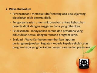 2.Waka Kurikulum 
• Perencanaan : membuat draf tentang apa-apa saja yang 
diperlukan oleh peserta didik. 
• Pengorganisasian : mensinkronasikan antara kebutuhan 
peserta didik dengan anggaran dana yang diberikan. 
• Pelaksanaan : menyiapkan sarana dan prasarana yang 
dibutuhkan sesuai dengan rencana program kerja. 
• Evaluasi : Waka Kurikulum memberikan laporan 
pertanggungjawaban kegiatan kepada kepala sekolah atas 
program kerja yang berkaitan dengan sarana dan prasarana. 
 