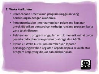 2.Waka Kurikulum 
• Perencanaan : menyusun program unggulan yang 
berhubungan dengan akademik. 
• Pengorganisasian : mengumpulkan pelaksana kegiatan 
untuk diberikan pengarahan terhadp rencana program kerja 
yang telah disusun. 
• Pelaksanaan : program unggulan untuk menarik minat calon 
peserta didik diantaranya kelas olahraga dan ABITA. 
• Evaluasi : Waka Kurikulum memberikan laporan 
pertanggungjawaban kegiatan kepada kepala sekolah atas 
program kerja yang dibuat dan dilaksanakan. 
 