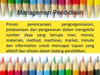 Managemen Pendidikan 
Proses perencanaan, pengorganisasian, 
pelaksanaan dan pengawasan dalam mengelola 
sumber daya yang berupa man, money, 
materials, method, machines, market, minute 
dan information untuk mencapai tujuan yang 
efektif dan efisien dalam bidang pendidikan. 
 