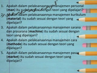 1. Apakah dalam pelaksanaannya manajemen personal 
(man) itu sudah sesuai dengan teori yang dipelajari? 
2. Apakah dalam pelaksanaannya manajemen kurikulum 
(material) itu sudah sesuai dengan teori yang 
dipelajari? 
3. Apakah dalam pelaksanaannya manajemen sarana 
dan prasarana (machine) itu sudah sesuai dengan 
teori yang dipelajari? 
4. Apakah dalam pelaksanaannya manajemen cara 
(methode) itu sudah sesuai dengan teori yang 
dipelajari? 
5. Apakah dalam pelaksanaannya manajemen pasar 
(market) itu sudah sesuai dengan teori yang 
dipelajari? 
 