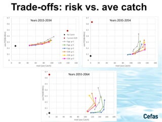 Trade-offs: risk vs. ave catch
0
0.1
0.2
0.3
0.4
0.5
0.6
0.7
0 20 40 60 80 100 120 140 160 180
aveP(SSB<Blim)
med (ave Catch)
Years 2055-2064
0
0.1
0.2
0.3
0.4
0.5
0.6
0.7
0 20 40 60 80 100 120 140 160
aveP(SSB<Blim)
med (ave Catch)
Years 2015-2034
No Catch
Current HCR
Egg: g=1
Egg: g=2
Egg: g=3
SSB: g=1
SSB: g=2
SSB: g=3
0
0.1
0.2
0.3
0.4
0.5
0.6
0.7
0 20 40 60 80 100 120 140 160
aveP(SSB<Blim)
med (ave Catch)
Years 2035-2054
 