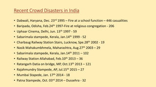Recent Crowd Disasters in India
• Dabwali, Haryana, Dec. 23rd 1995 – Fire at a school function – 446 casualities
• Baripada, Odisha, Feb.24th 1997-Fire at religious congregation - 206
• Uphaar Cinema, Delhi, Jun. 13th 1997 - 59
• Sabarimala stampede, Kerala, Jan.14th 1999 - 52
• Charbaug Railway Station Stairs, Lucknow, Spe.28th 2002 - 19
• Nasik Mahakumbhmela, Maharashtra, Aug.27th 2003 – 29
• Sabarimala stampede, Kerala, Jan.14th 2011 – 102
• Railway Station Allahabad, Feb.10th 2013 – 36
• Ratangarh Datia on bridge, MP, Oct.13th 2013 – 121
• Rajahmundry Stampede, AP, Jul.15th 2015 – 27
• Mumbai Stapede, Jan. 17th 2014 - 18
• Patna Stampede, Oct. 03rd 2014 – Dussehra - 32
 