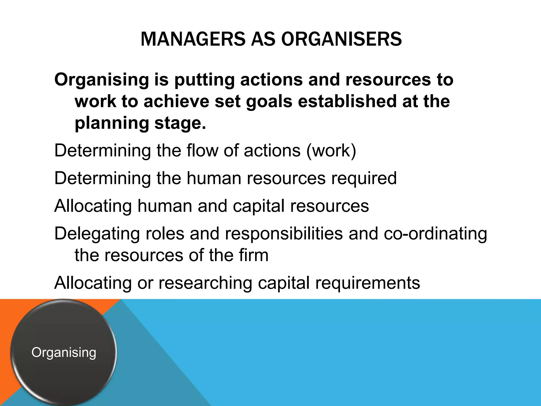 Managers as organisersOrganising is putting actions and resources to work to achieve set goals established at the planning stage.Determining the flow of actions (work)Determining the human resources requiredAllocating human and capital resources Delegating roles and responsibilities and co-ordinating the resources of the firmAllocating or researching capital requirementsOrganising