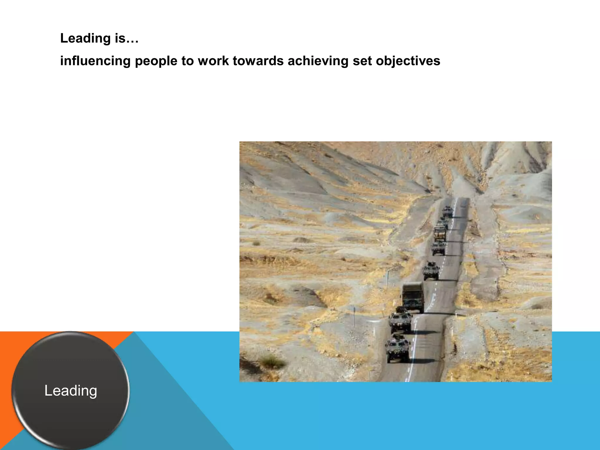 Leading is…influencing people to work towards achieving set objectivesLeading