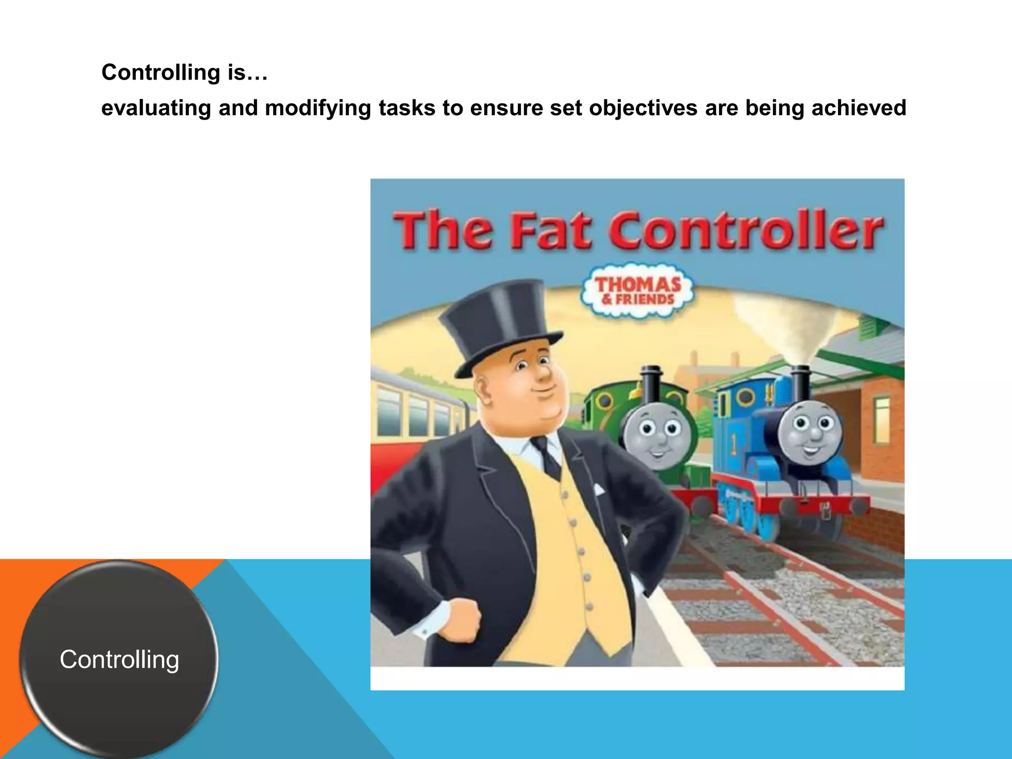 Controlling is…evaluating and modifying tasks to ensure set objectives are being achievedControlling