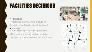 FACILITIES DECISIONS
• Facilities are
The physical locations where products or
services are created, stored, and distributed
• Location
is the physical positioning or geographic
site of facilities and must be determined by
the needs and requirements of the organization.
 