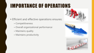 IMPORTANCE OF OPERATIONS
• Efficient and effective operations ensures:
– Competitiveness
– Overall organizational performance
– Maintains quality
– Maintains productivity
 