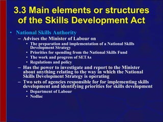 3.3 Main elements or structures of the Skills Development Act National Skills Authority Advises the Minister of Labour on The preparation and implementation of a National Skills Development Strategy Priorities for spending from the National Skills Fund The work and progress of SETAs Regulations and policy Has the power to investigate and report to the Minister about anything relating to the way in which the  National Skills Development Strategy is operating Two sets of agencies responsible for  for implementing skills development and identifying priorities for skills development Department of Labour Nedlac 
