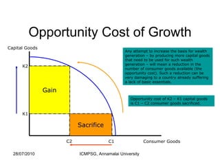 Opportunity Cost of Growth Capital Goods Consumer Goods C1 C2 K1 K2 Production Possibility Frontier: Assume initial output levels of C1 consumer goods and K1 capital goods – where C1 barely represents the essentials of life in a developing country – clean water, food, shelter, etc. Any attempt to increase the basis for wealth generation – by producing more capital goods that need to be used for such wealth generation – will mean a reduction in the number of consumer goods available (the opportunity cost). Such a reduction can be very damaging to a country already suffering a lack of basic essentials. Opportunity cost of K2 – K1 capital goods  is C1 – C2 consumer goods sacrificed. Sacrifice Gain 