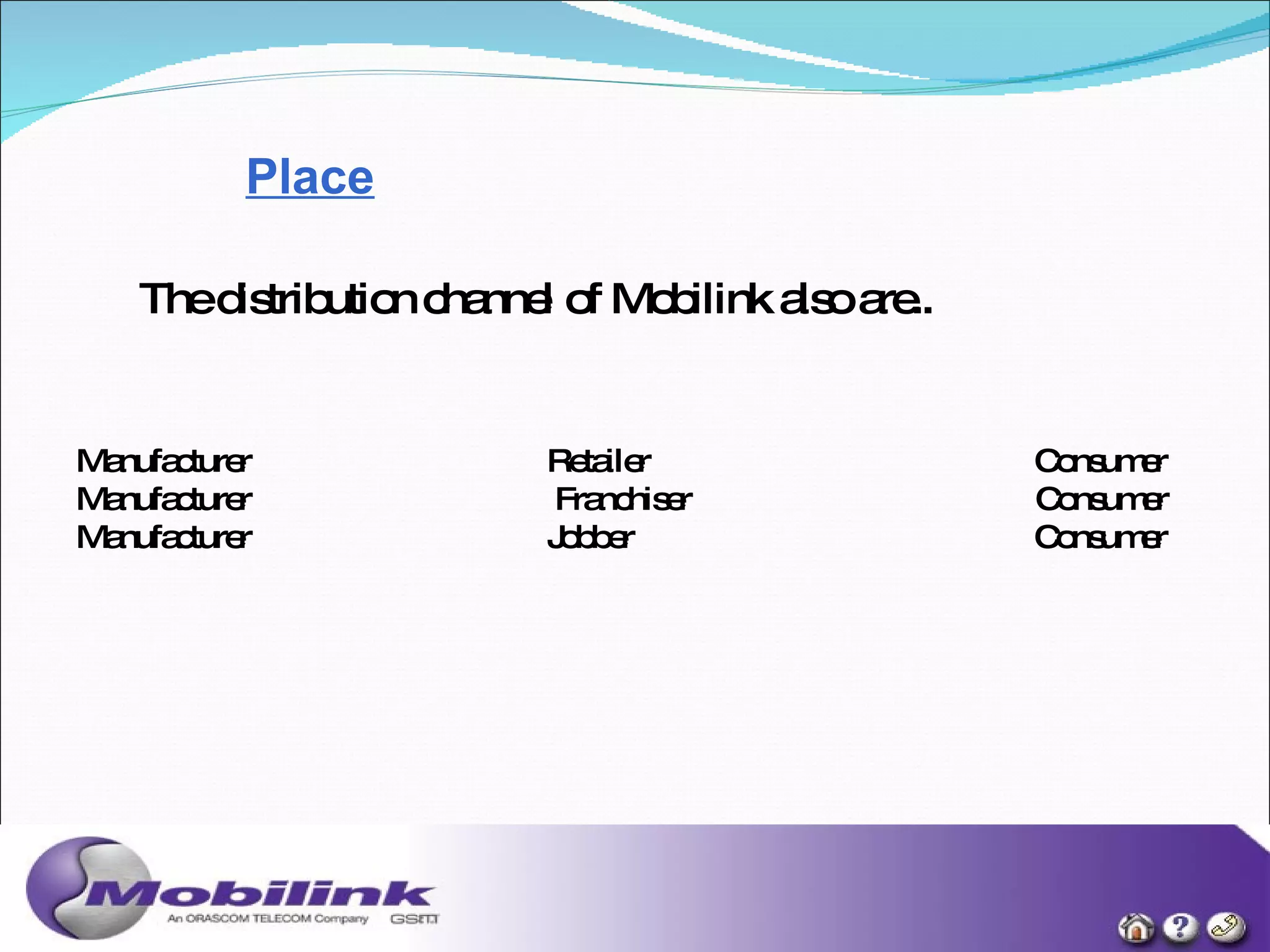 Place The distribution channel of Mobilink also are.. Manufacturer  Retailer  Consumer Manufacturer  Franchiser  Consumer  Manufacturer  Jobber  Consumer   