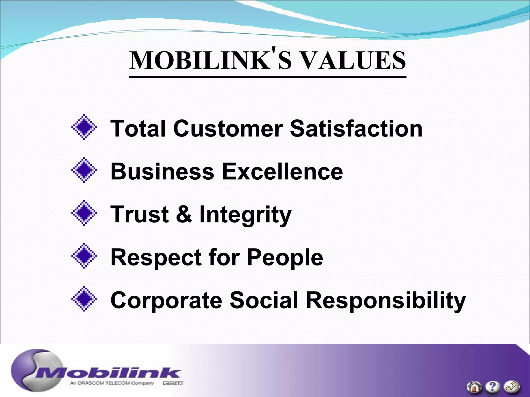 MOBILINK'S VALUES   Total Customer Satisfaction   Business Excellence   Trust & Integrity   Respect for People   Corporate Social Responsibility   