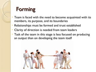 Forming <ul><ul><ul><li>Team is faced with the need to become acquainted with its members, its purpose, and its boundaries...