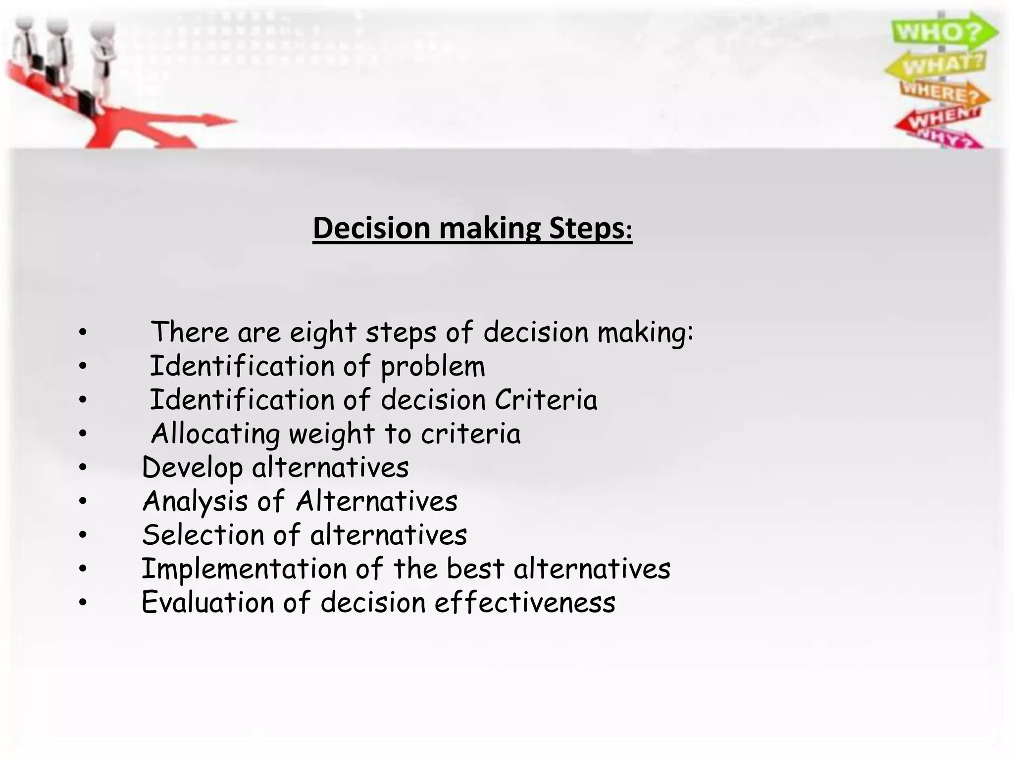 Decision making Steps:


•    There are eight steps of decision making:
•    Identification of problem
•    Identification of decision Criteria
•    Allocating weight to criteria
•   Develop alternatives
•   Analysis of Alternatives
•   Selection of alternatives
•   Implementation of the best alternatives
•   Evaluation of decision effectiveness
 