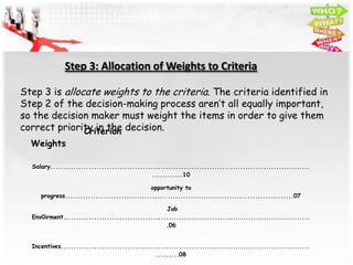 Step 3: Allocation of Weights to Criteria

Step 3 is allocate weights to the criteria. The criteria identified in
Step 2 of the decision-making process aren’t all equally important,
so the decision maker must weight the items in order to give them
correct priority in the decision.
               Criterion
  Weights

  Salary.....................................................................................................
                                                ............10

                                               opportunity to
     progress.........................................................................................07

                                                    Job
  Env0irment................................................................................................
                                                    .06


  Incentives.................................................................................................
                                                 .........08
 