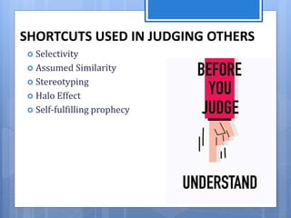 SHORTCUTS USED IN JUDGING OTHERS
 Selectivity
 Assumed Similarity
 Stereotyping
 Halo Effect
 Self-fulfilling prophecy
 
