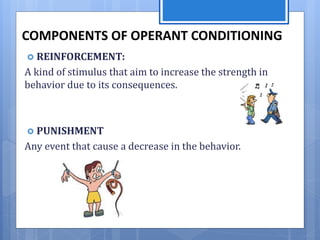 COMPONENTS OF OPERANT CONDITIONING
 REINFORCEMENT:
A kind of stimulus that aim to increase the strength in
behavior due to its consequences.
 PUNISHMENT
Any event that cause a decrease in the behavior.
 