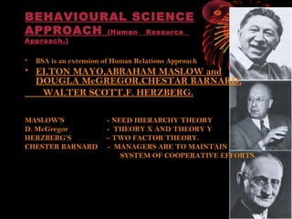 BEHAVIOURAL SCIENCE
APPROACH (Human Resource
Approach.)
• BSA is an extension of Human Relations Approach
• ELTON MAYO,ABRAHAM MASLOW and
DOUGLA McGREGOR,CHESTAR BARNARD,
WALTER SCOTT,F. HERZBERG.
MASLOW’S - NEED HIERARCHY THEORY
D. McGregor - THEORY X AND THEORY Y
HERZBERG’S – TWO FACTOR THEORY.
CHESTER BARNARD - MANAGERS ARE TO MAINTAIN
SYSTEM OF COOPERATIVE EFFORTS.
 