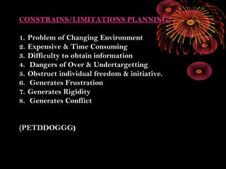 CONSTRAINS/LIMITATIONS PLANNING:
1. Problem of Changing Environment
2. Expensive & Time Consuming
3. Difficulty to obtain information
4. Dangers of Over & Undertargetting
5. Obstruct individual freedom & initiative.
6. Generates Frustration
7. Generates Rigidity
8. Generates Conflict
(PETDDOGGG)
 