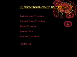(B) NON-PROGRAMMED DM TECH.
Brainstorming Technique
Nominal Group Technique
Delphi Technique
Quality Circle
Heuristic Technique
(BCDNgH)
 