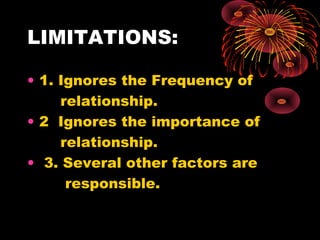 LIMITATIONS:
• 1. Ignores the Frequency of
relationship.
• 2 Ignores the importance of
relationship.
• 3. Several other factors are
responsible.
 