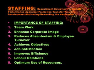 STAFFING: Recruitment-Selection-Placement-
Performance Appraisal-Promotion-Transfer-Training-
Development-Motivating-Rewarding the employees.
• IMPORTANCE OF STAFFING:
1. Team Work
2. Enhance Corporate Image
3. Reduces Absenteeism & Employee
Turnover
4. Achieves Objectives
5. Job Satisfaction
6. Improves Efficiency
7. Labour Relations
8. Optimum Use of Resources.
 