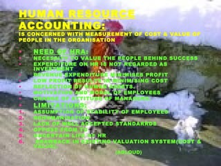 HUMAN RESOURCE
ACCOUNTING:
IS CONCERNED WITH MEASUREMENT OF COST & VALUE OF
PEOPLE IN THE ORGANISATION
• NEED OF HRA:
• NECESSITY TO VALUE THE PEOPLE BEHIND SUCCESS
• EXPENDITURE ON HR IS NOT REGARDED AS
INVESTMENT
• REVENUE EXPENDITURE MINIMISES PROFIT
• LOW PROFIT RESULTS IN MINIMISING COST
• REFLECTION OF HUMAN ASSETS.
• MOTIVATION AND MORAL OF EMPLOYEES
• CHANGE OF ATTITUDE OF MANAGERS.
• LIMITATIONS:
1. ASSUMPTION OF STABILITY OF EMPLOYEES
2. DEHUMANISATION
3. LACK OF WELL ACCEPTED STANDARRDS
4. OPPOSE FROM TU
5. UNCERTAIN LIFE OF HR
6. DRAWBACK IN EXISTING VALUATION SYSTEM(COST &
VALUE).
(ADLOUD)
 