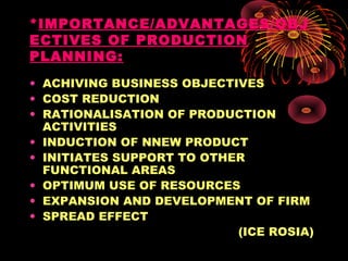 *IMPORTANCE/ADVANTAGES/OBJ
ECTIVES OF PRODUCTION
PLANNING:
• ACHIVING BUSINESS OBJECTIVES
• COST REDUCTION
• RATIONALISATION OF PRODUCTION
ACTIVITIES
• INDUCTION OF NNEW PRODUCT
• INITIATES SUPPORT TO OTHER
FUNCTIONAL AREAS
• OPTIMUM USE OF RESOURCES
• EXPANSION AND DEVELOPMENT OF FIRM
• SPREAD EFFECT
(ICE ROSIA)
 