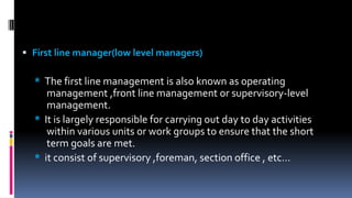  First line manager(low level managers)
* The first line management is also known as operating
management ,front line management or supervisory-level
management.
* It is largely responsible for carrying out day to day activities
within various units or work groups to ensure that the short
term goals are met.
* it consist of supervisory ,foreman, section office , etc…
 