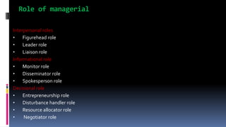 Role of managerial
Interpersonal roles
• Figurehead role
• Leader role
• Liaison role
Informational role
• Monitor role
• Disseminator role
• Spokesperson role
Decisional role
• Entrepreneurship role
• Disturbance handler role
• Resource allocator role
• Negotiator role
 