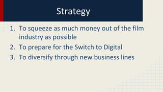 Strategy
1. To squeeze as much money out of the film
industry as possible
2. To prepare for the Switch to Digital
3. To diversify through new business lines
 