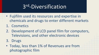 3rd-Diversification
• Fujifilm used its resources and expertise in
chemicals and drugs to enter different markets
1. Cosmetics
2. Development of LCD panel film for computers,
Televisions, and other electronic devices
3. Drugs
• Today, less than 1% of Revenues are from
photographic film
 