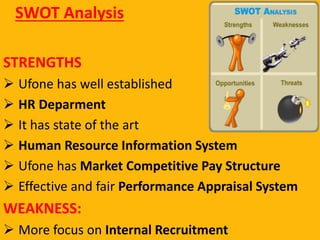 SWOT Analysis
STRENGTHS
 Ufone has well established
 HR Deparment
 It has state of the art
 Human Resource Information System
 Ufone has Market Competitive Pay Structure
 Effective and fair Performance Appraisal System
WEAKNESS:
 More focus on Internal Recruitment
 