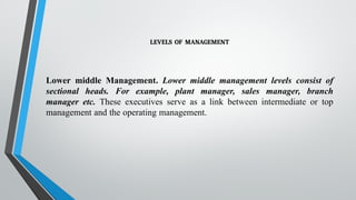 LEVELS OF MANAGEMENT
Lower middle Management. Lower middle management levels consist of
sectional heads. For example, plant manager, sales manager, branch
manager etc. These executives serve as a link between intermediate or top
management and the operating management.
 
