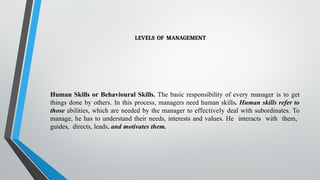 LEVELS OF MANAGEMENT
Human Skills or Behavioural Skills. The basic responsibility of every manager is to get
things done by others. In this process, managers need human skills. Human skills refer to
those abilities, which are needed by the manager to effectively deal with subordinates. To
manage, he has to understand their needs, interests and values. He interacts with them,
guides, directs, leads, and motivates them.
 