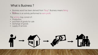 What is Business ?
• Business word has been derived from “Busy”. Business means Being
Busy.
The activity may consist of :
• Production
• purchase of goods for sale
• exchange of goods
• supply of services
• Business is an activity performed to earn profit.
 