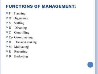 FUNCTIONS OF MANAGEMENT:
P
O
S
D
C
 Co
D
M
R
B


Planning
Organizing
Staffing
Directing
Controlling
Co-ordinating
Decision making
Motivating
Reporting
Budgeting

 