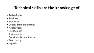 Technical skills are the knowledge of
• Technologies
• Products
• Processes
• Coding and Programming
• Applications
• Data Science
• E-commerce
• Social media experiences
• Fund raising
• Logistics
 