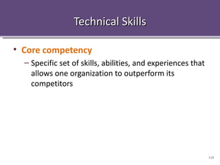 Technical Skills

• Core competency
  – Specific set of skills, abilities, and experiences that
    allows one organization to outperform its
    competitors




                                                              1-21
 