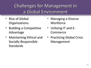 Challenges for Management in
         a Global Environment
• Rise of Global            • Managing a Diverse
  Organizations.              Workforce
• Building a Competitive    • Utilizing IT and E-
  Advantage                   Commerce
• Maintaining Ethical and   • Practicing Global Crisis
  Socially Responsible        Management
  Standards




                                                         1-27
 
