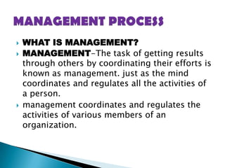 WHAT IS MANAGEMENT?MANAGEMENT-The task of getting results through others by coordinating their efforts is known as management. just as the mind coordinates and regulates all the activities of a person.management coordinates and regulates the activities of various members of an organization.MANAGEMENT PROCESS