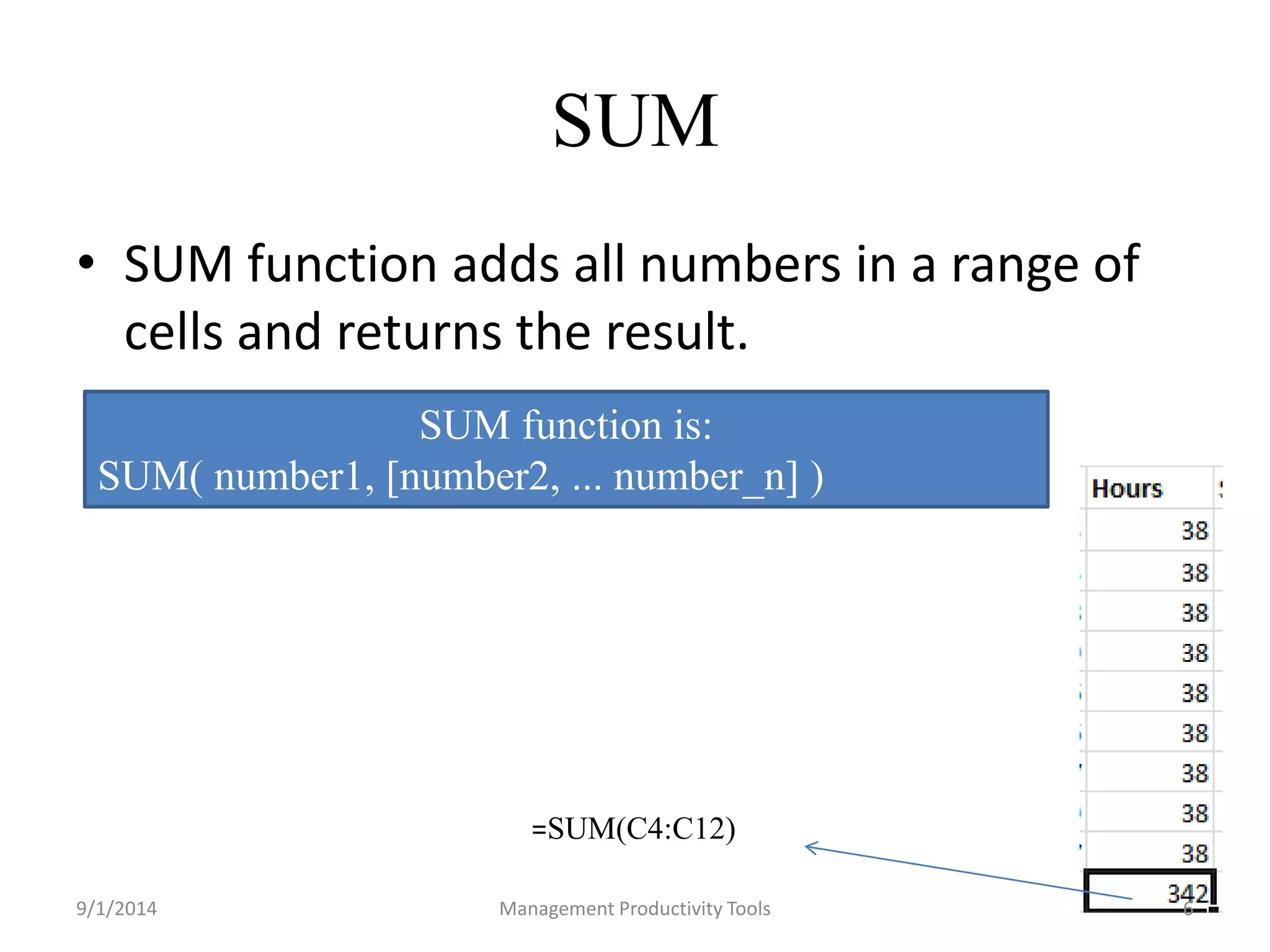 SUM 
• SUM function adds all numbers in a range of 
cells and returns the result. 
SUM function is: 
SUM( number1, [number2, ... number_n] ) 
=SUM(C4:C12) 
9/1/2014 Management Productivity Tools 6 
 