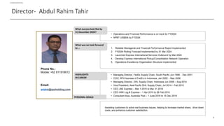 CONFIDENTIAL
1
Director- Abdul Rahim Tahir
• Operations and Financial Performance is on track for FY2024
• NPBT US$50k by FY2024
• Managing Director, FedEx Supply Chain, South Pacific Jun 1998 - Dec 2001
• COO, RPX licensee of FedEx in Indonesia, Jan 2002 – May 2006
• Managing Director, DHL Supply Chain, Indonesia Jun 2006 – Aug 2014
• Vice President, Asia Pacific DHL Supply Chain, Jul 2014 – Feb 2015
• CEO JNE Express – Mar 1 2015 to Mar 31 2016
• CEO ARK Log & Express – 1 Apr 2015 to 28 Feb 2018
• Consultant Asia, Australia Post – 1 June 2018 to 15 Dec 2018
PERSONAL GOALS
Phone No.:
Mobile: +62 811918612
Email:
artahir@rpxholding,com
1. Reliable Managerial and Financial Performance Report implemented
2. FY2024 Rolling Forecast Implemented by 31 Mar 2024
3. Launched Express International Services Outbound by Mar 2024
4. Develop Express International Pickup/Consolidation Network Operation
5. Operations Excellence Organization Structure implemented
What we can look forward
to …
HIGHLIGHTS
IN CAREER
What success look like by
31 December 2024?
Assisting customers to solve real business issues, helping to increase market share, drive down
costs, and enhance customer satisfaction.
 
