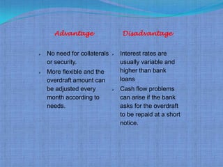 Advantage                   Disadvantage


   No need for collaterals      Interest rates are
    or security.                  usually variable and
   More flexible and the         higher than bank
    overdraft amount can          loans
    be adjusted every            Cash flow problems
    month according to            can arise if the bank
    needs.                        asks for the overdraft
                                  to be repaid at a short
                                  notice.
 