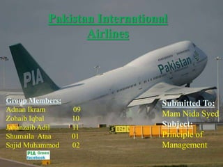 1
Pakistan International
Airlines
Submitted To:
Mam Nida Syed
Subject:
Principle of
Management
Group Members:
Adnan Ikram 09
Zohaib Iqbal 10
Jahanzaib Adil 11
Shumaila Ataa 01
Sajid Muhammod 02
 