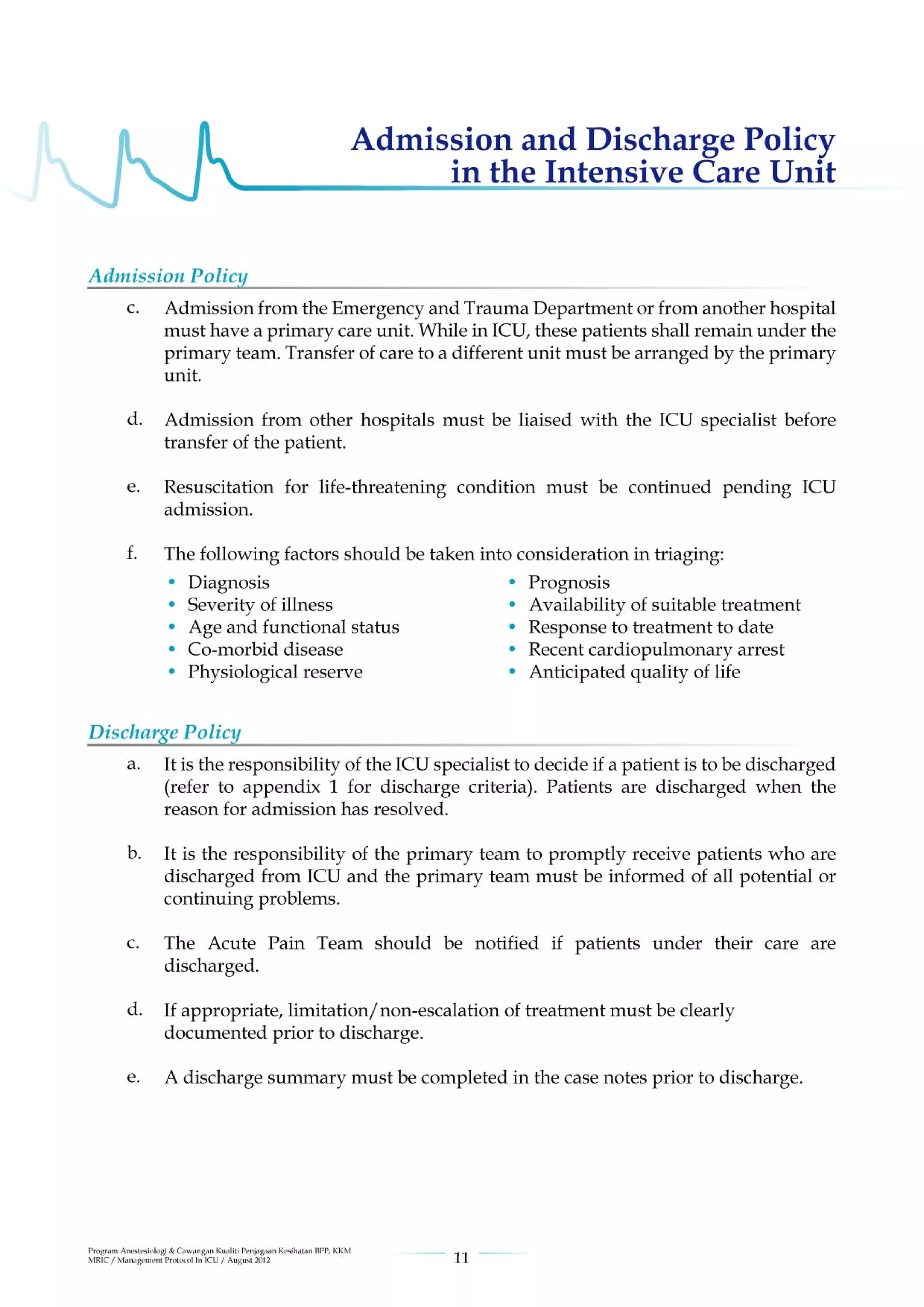 Management protools in icu