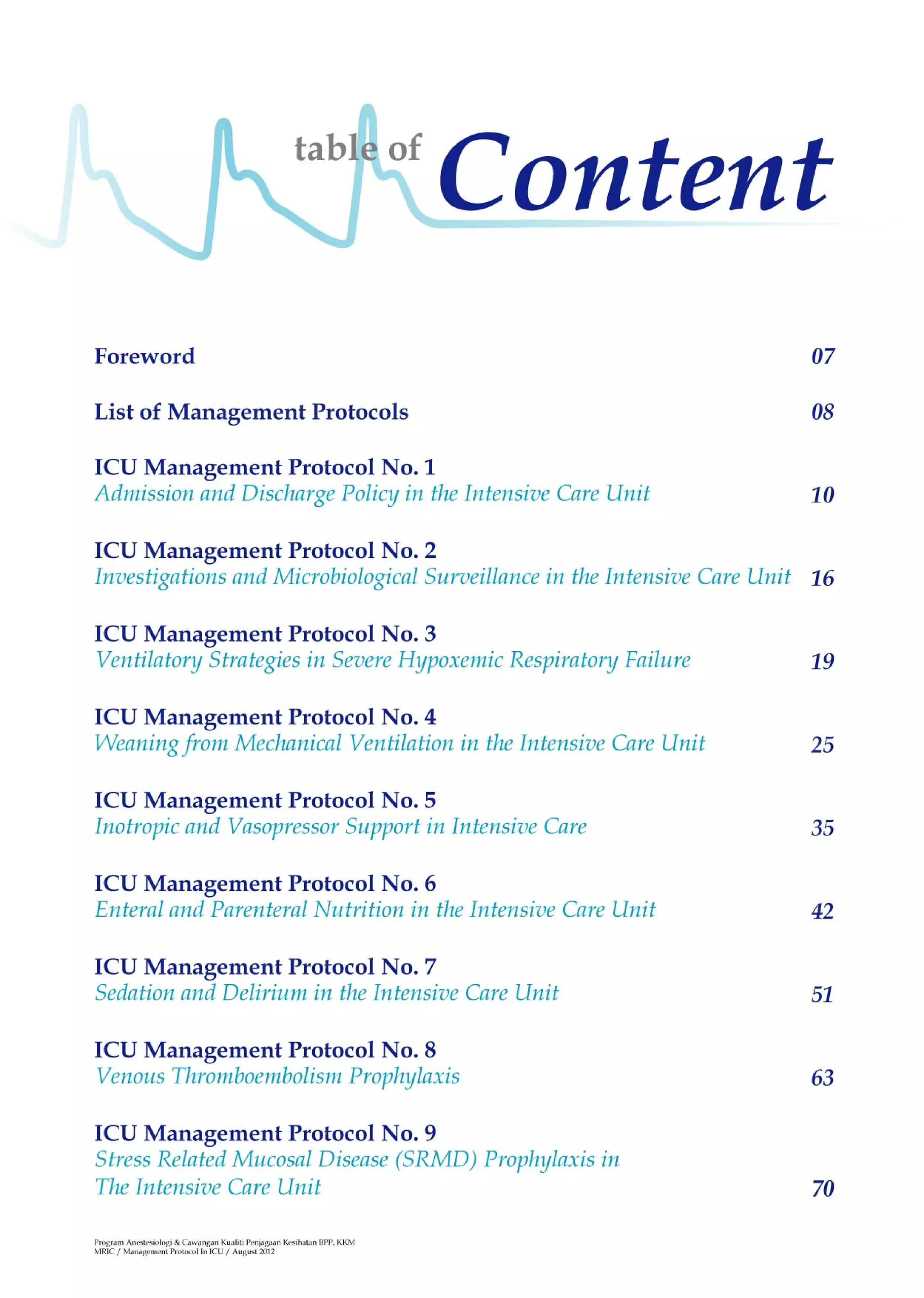 Management protools in icu