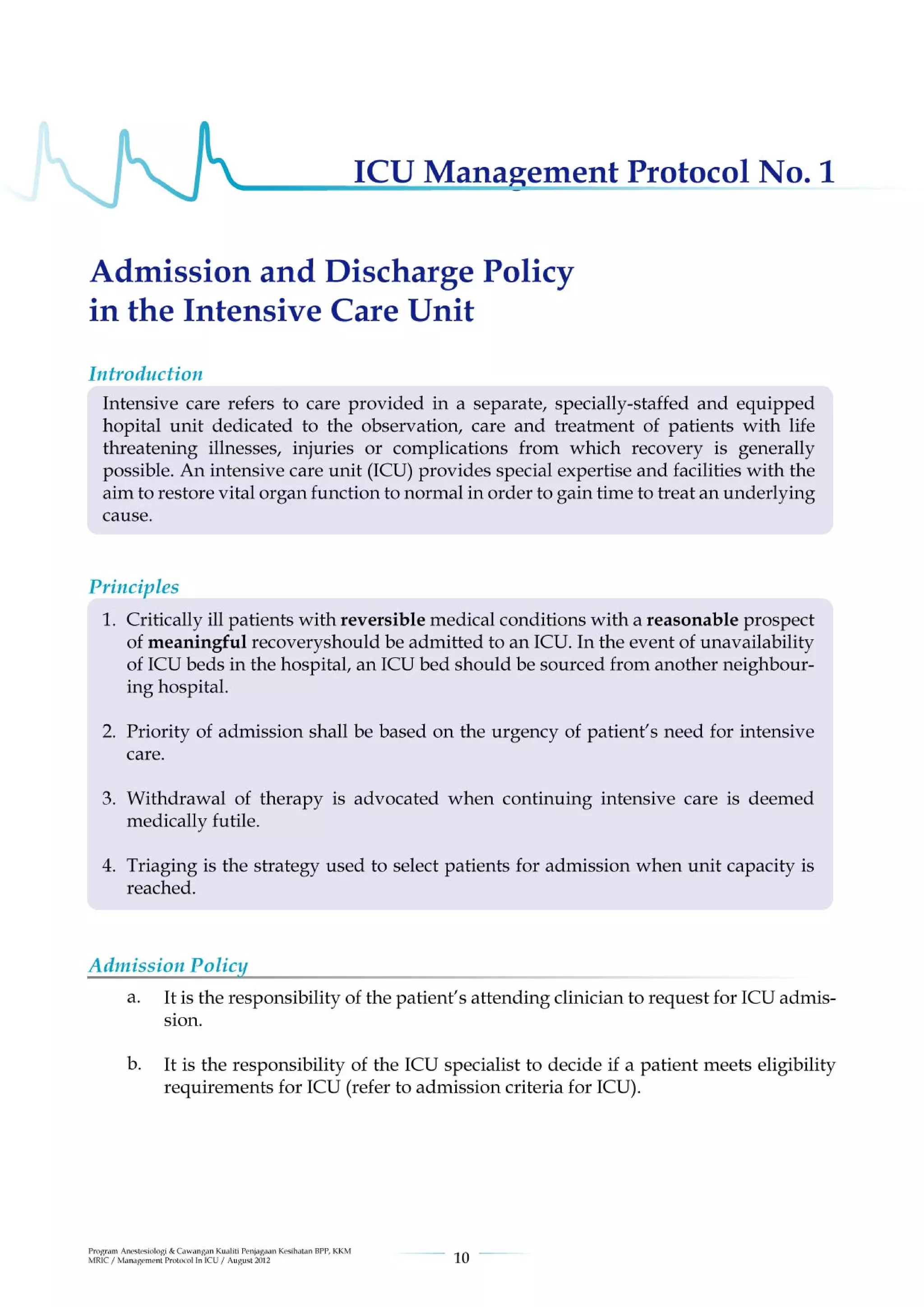 Management protools in icu
